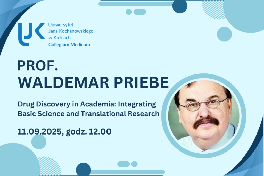 Plakat promujący wykład prof. Waldemara Priebe pt. ‘Drug Discovery in Academia: Integrating Basic Science and Translational Research’, organizowany przez Collegium Medicum Uniwersytetu Jana Kochanowskiego w Kielcach, zaplanowany na 11 września 2025 roku o godzinie 12:00.