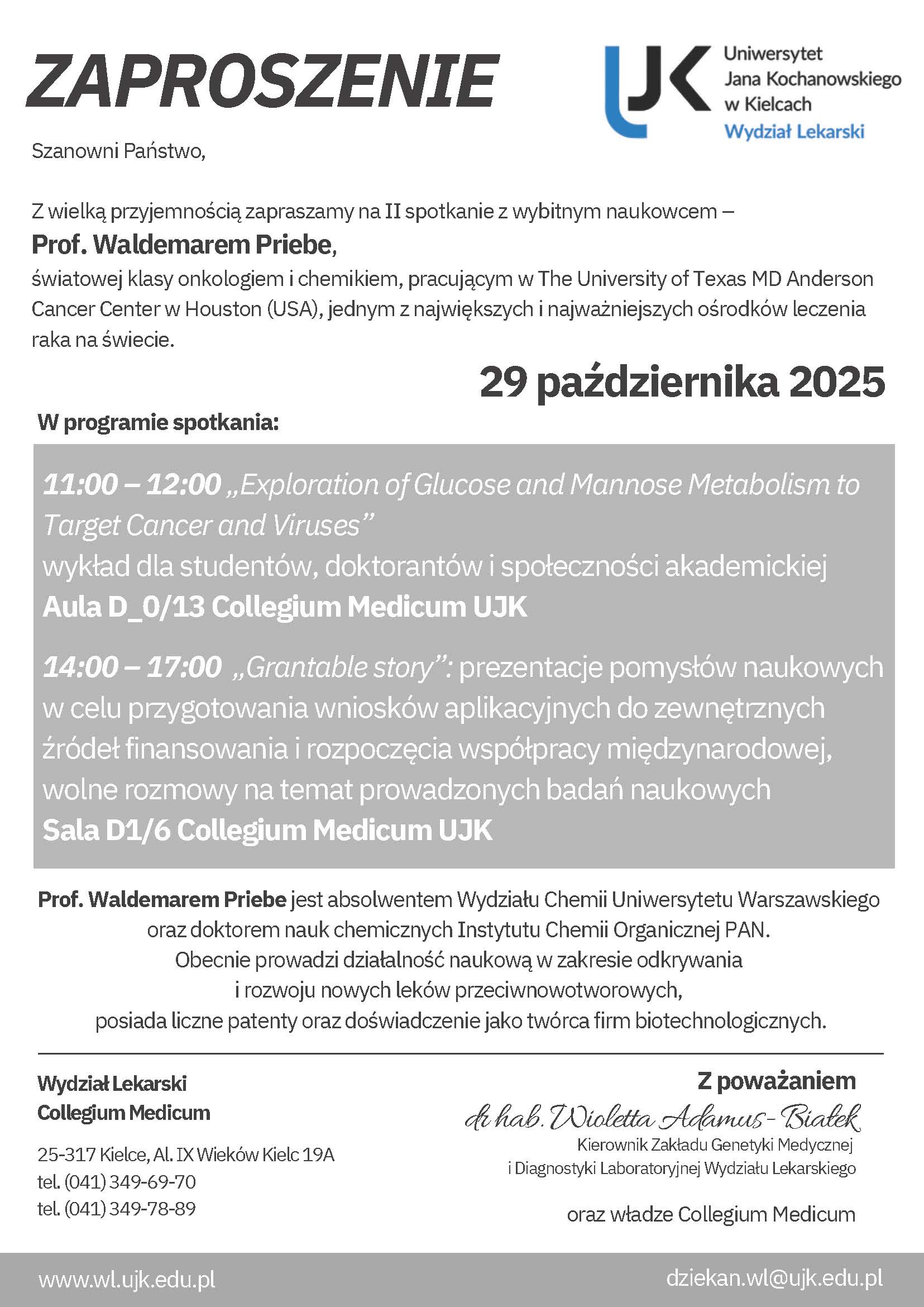Zaproszenie na II spotkanie z wybitnym naukowcem - prof. Waldemarem Priebe