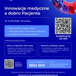 Plakat XIII Kongresu Polonii Medycznej pod hasłem „Innowacje medyczne a dobro Pacjenta”. Wydarzenie odbędzie się 10–12 września 2026 roku we Wrocławiu. Na niebieskim tle widoczne są grafika helisy DNA oraz kody QR do rejestracji i programu naukowego. Program obejmuje m.in. sesje o różnych ścieżkach kariery lekarzy po dyplomie oraz o badaniach naukowych, publikacjach i grantach. Dla studentów przygotowano bilety w cenie 50 zł. Na dole znajdują się logotypy patronów naukowych i adres strony internetowej kongresu.